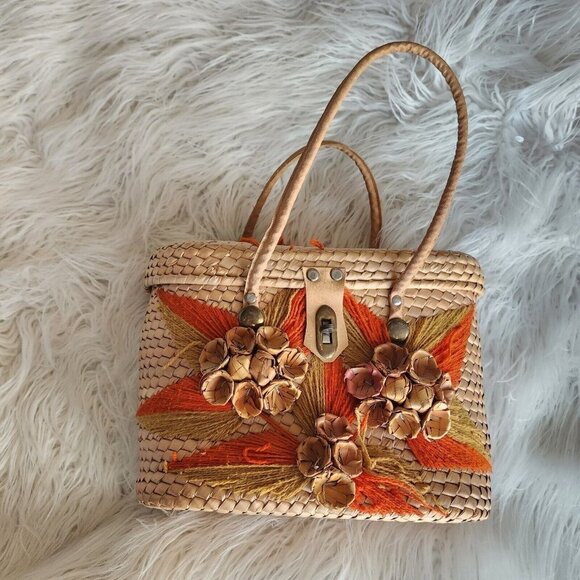 Vintage 60s 70 Woven Straw Raffia Beach Tote Market Bag Purse Yarn Floral Basket - Picture 5 of 16
